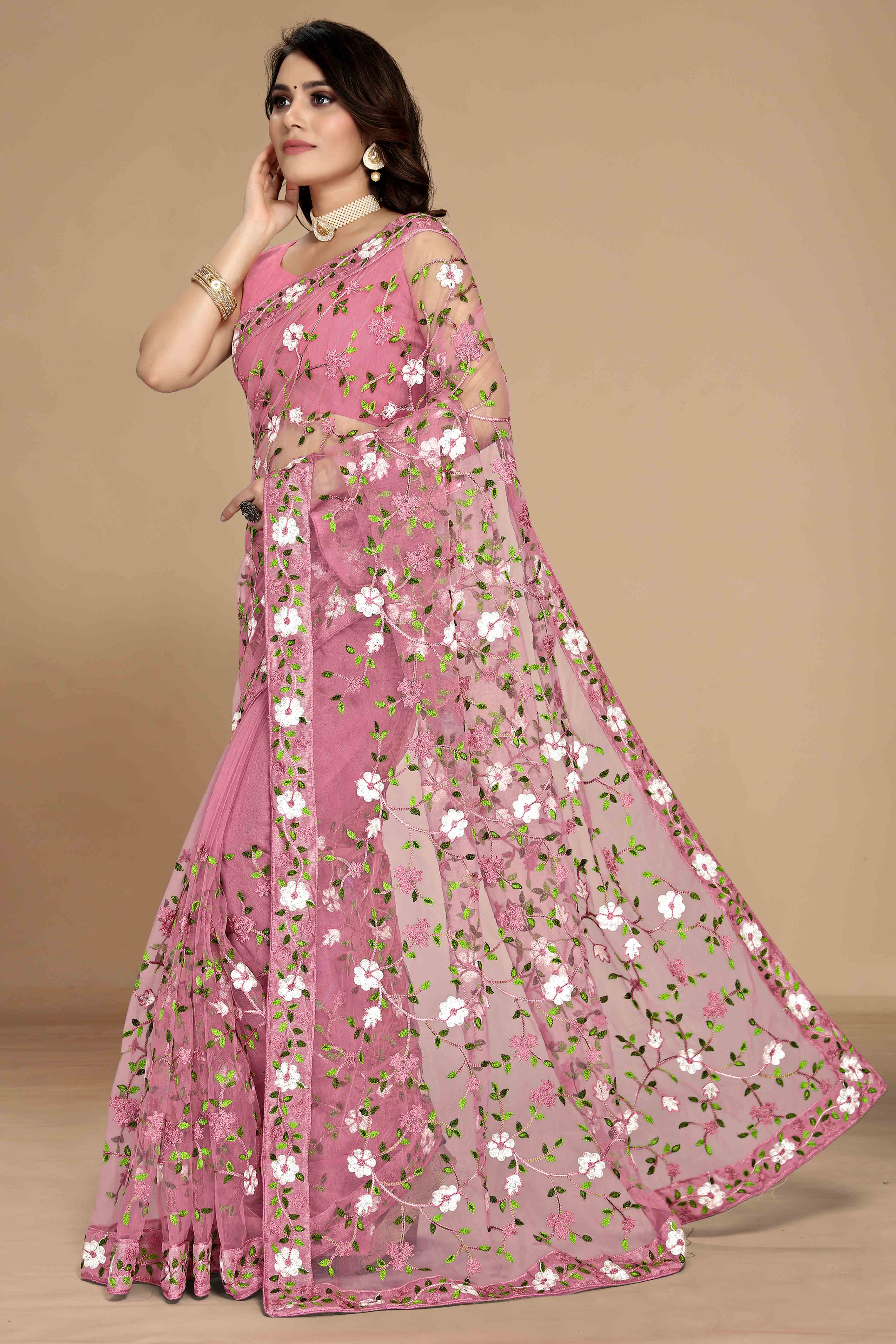 Pink Net Saree with All Over Floral Heavy Embroidery
