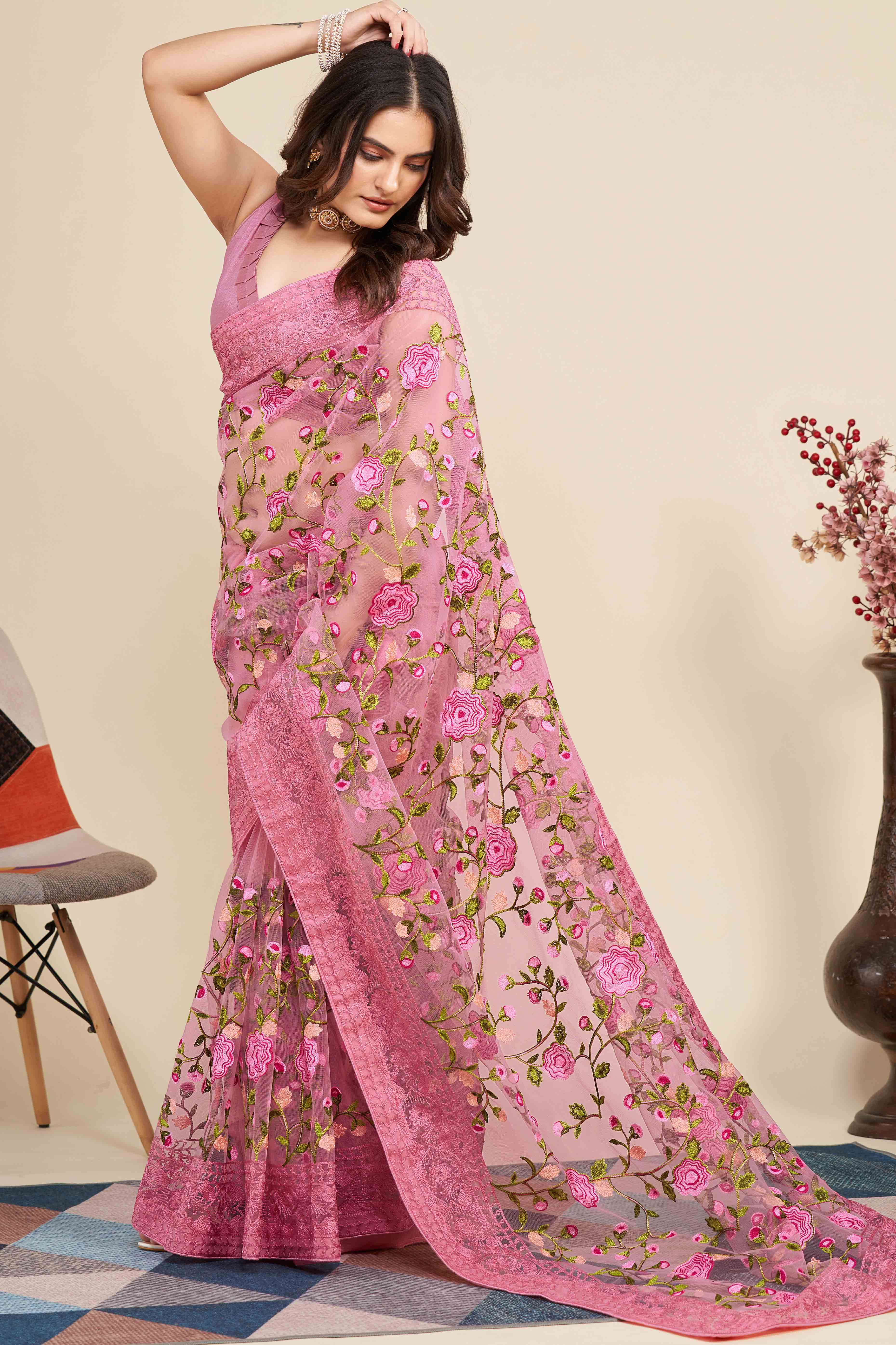 Pink Floral Embroidered Party Wear Saree in Net Fabric with Lavish Detailing