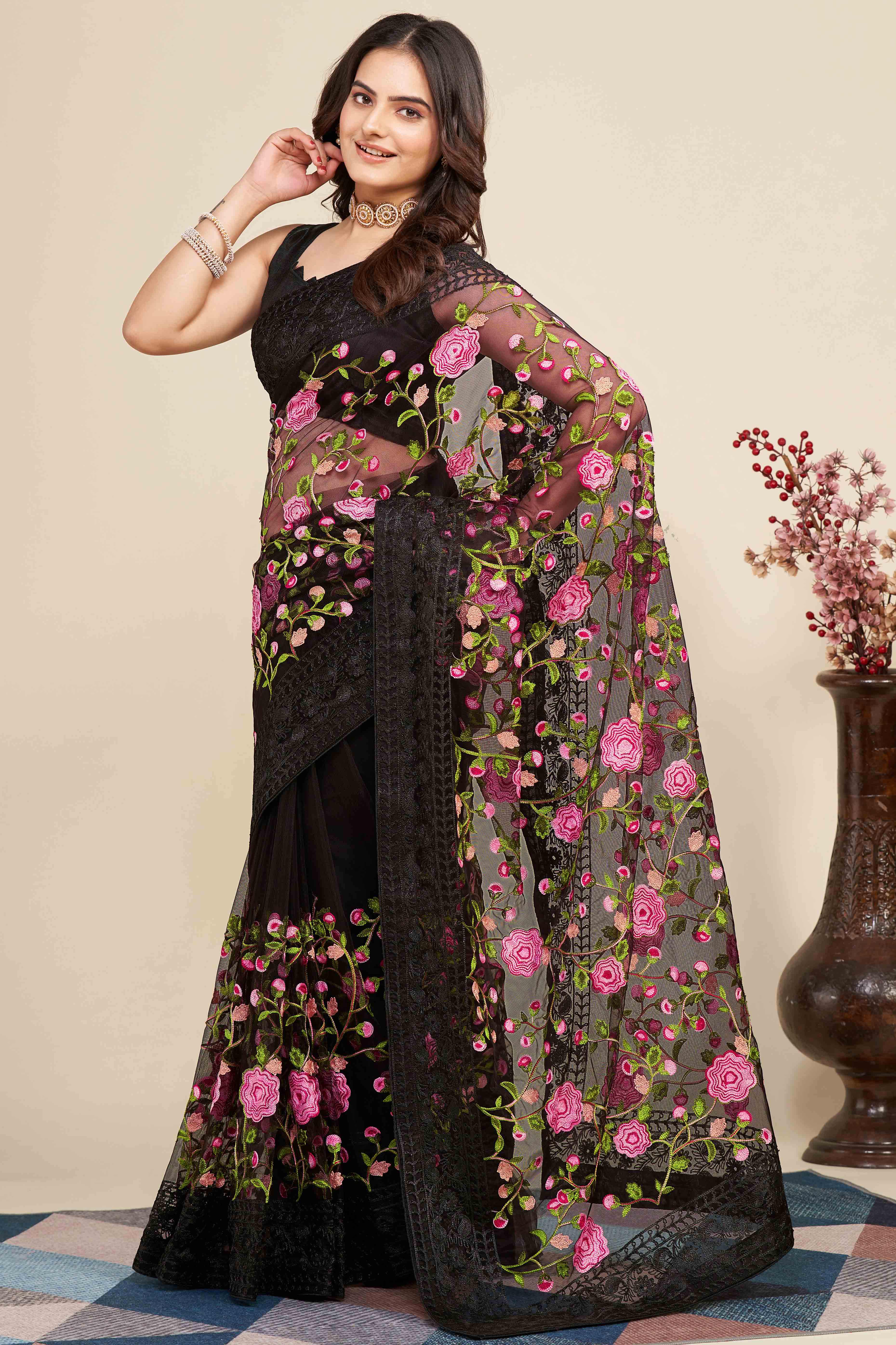 Black Floral Embroidered Party Wear Saree in Net Fabric with Lavish Detailing