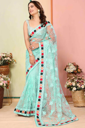 Blue Floral Embroidered Net Saree