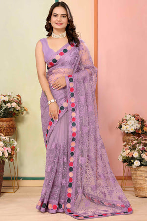 Purple Floral Embroidered Net Saree