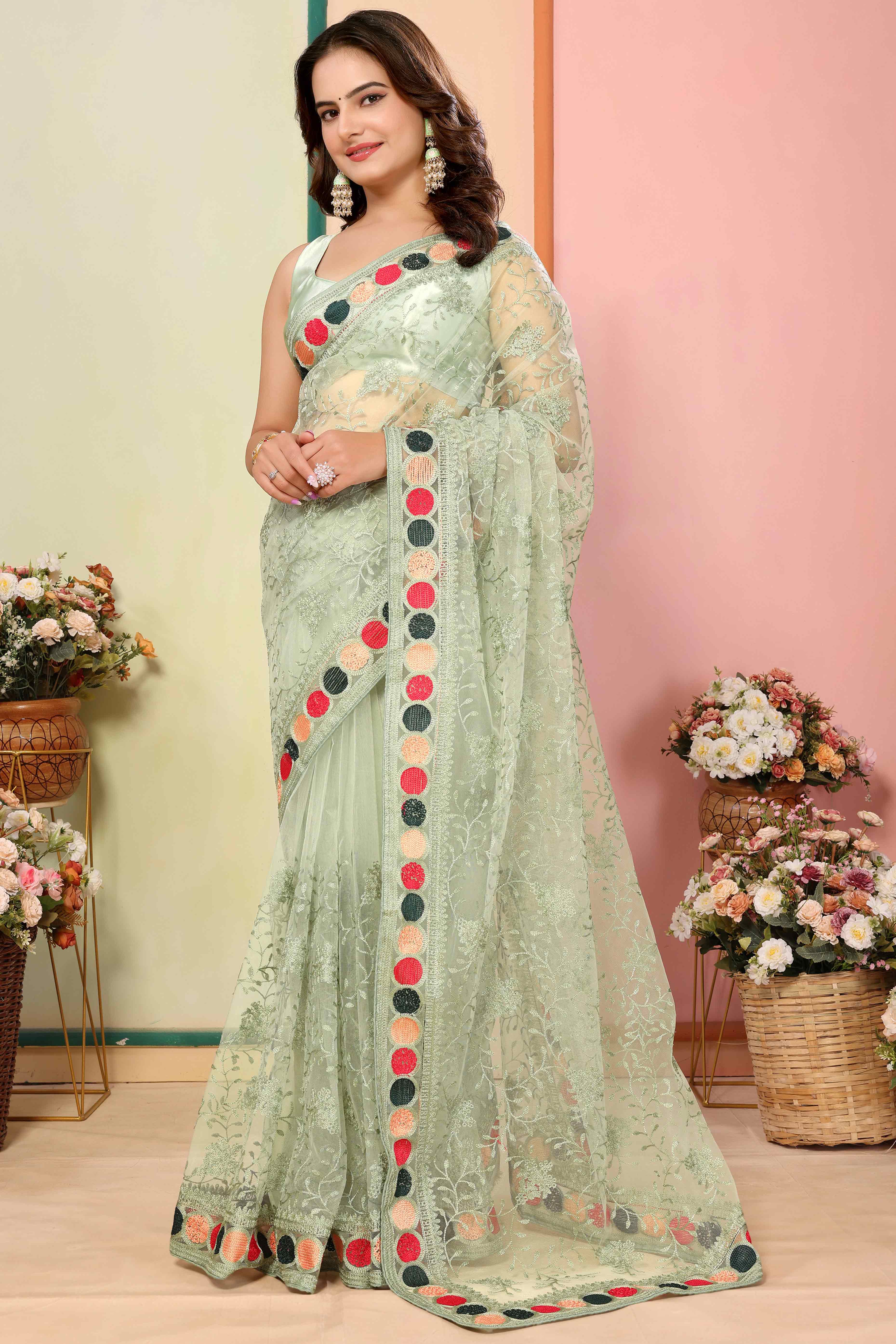Green Floral Embroidered Net Saree