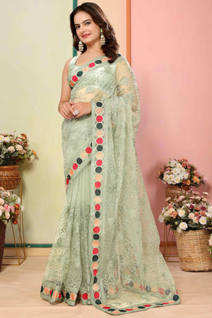 Green Floral Embroidered Net Saree