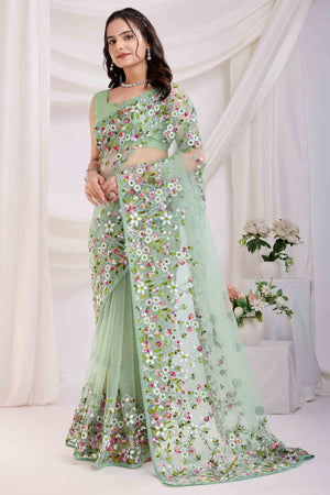 Green Floral Embroidered Net Saree