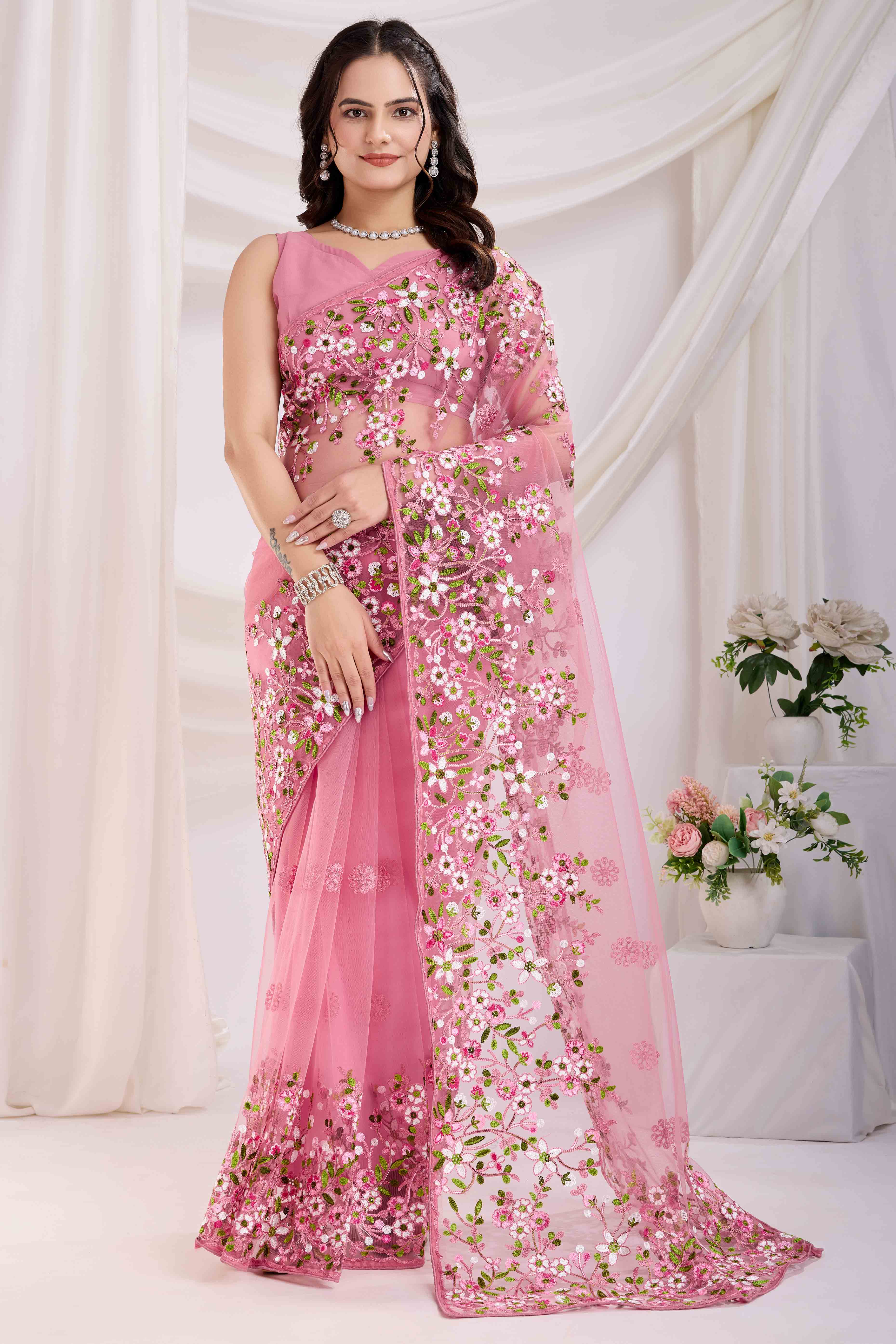 Pink Floral Embroidered Net Saree