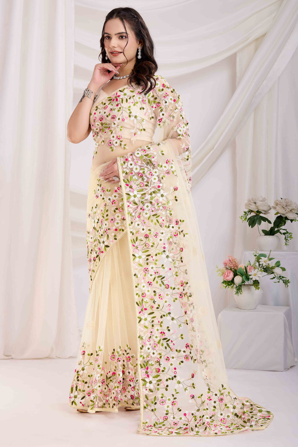 Tan Beige Floral Embroidered Net Saree