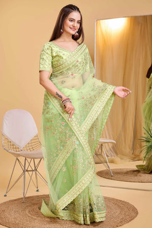Green Soft Net Saree With Delicate Floral Embroidery & Shimmering Sequins Work