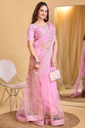 Pink Soft Net Saree With Delicate Floral Embroidery & Shimmering Sequins Work