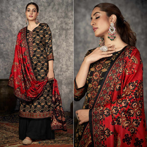 Black Printed With Embroidered Pashmina Suit