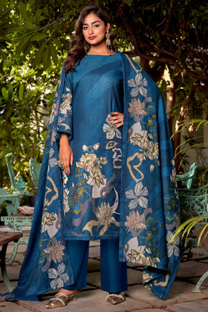 Blue Elegant Floral Printed Pure Pashmina Dress Material for Winter Wear