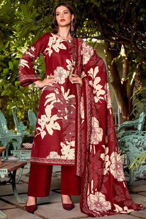 Maroon Elegant Floral Printed Pure Pashmina Dress Material for Winter Wear