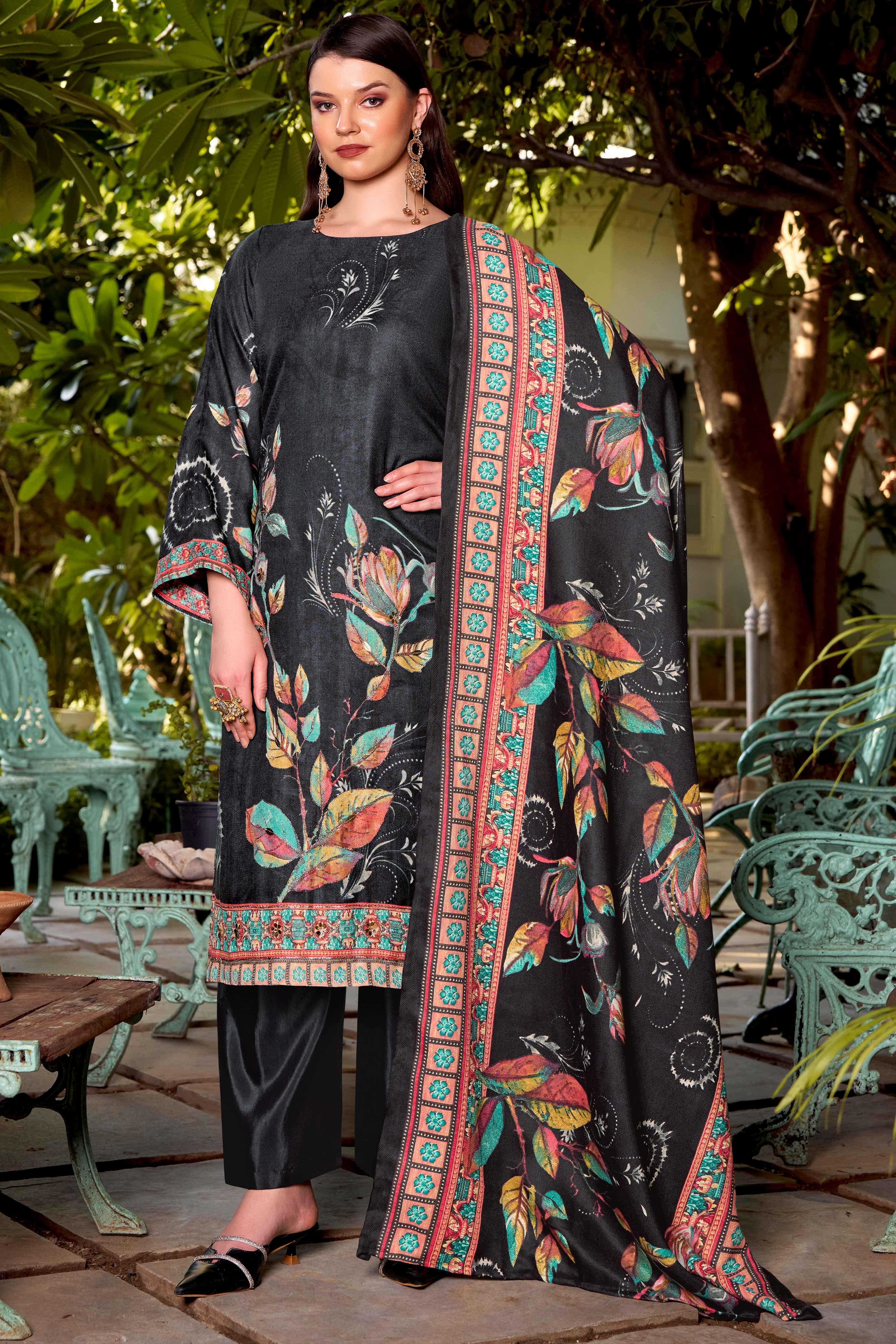 Black Elegant Floral Printed Pure Pashmina Dress Material for Winter Wear