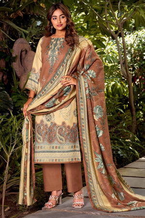 Designed Brown Pure Pashmina Wool Fabric with Floral Prints for Timeless Appeal