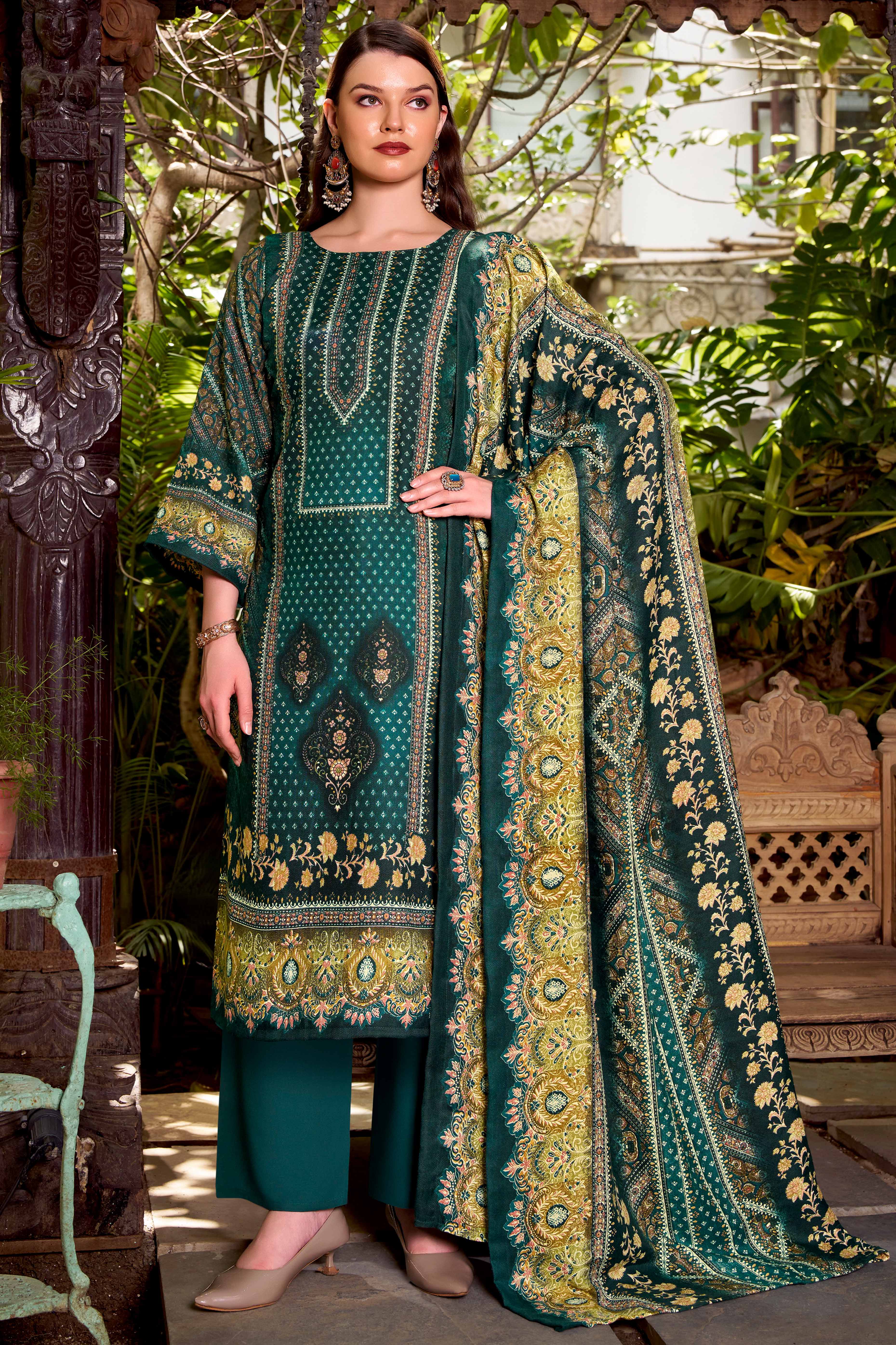 Designed Teal Green Pure Pashmina Wool Fabric with Floral Prints for Timeless Appeal