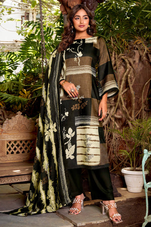 Designed Dark Olive Pure Pashmina Wool Fabric with Floral Prints for Timeless Appeal