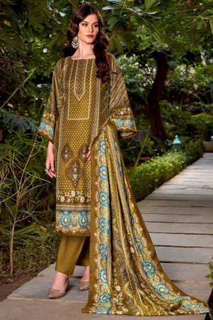 Designed Mehendi Green Pure Pashmina Wool Fabric with Floral Prints for Timeless Appeal