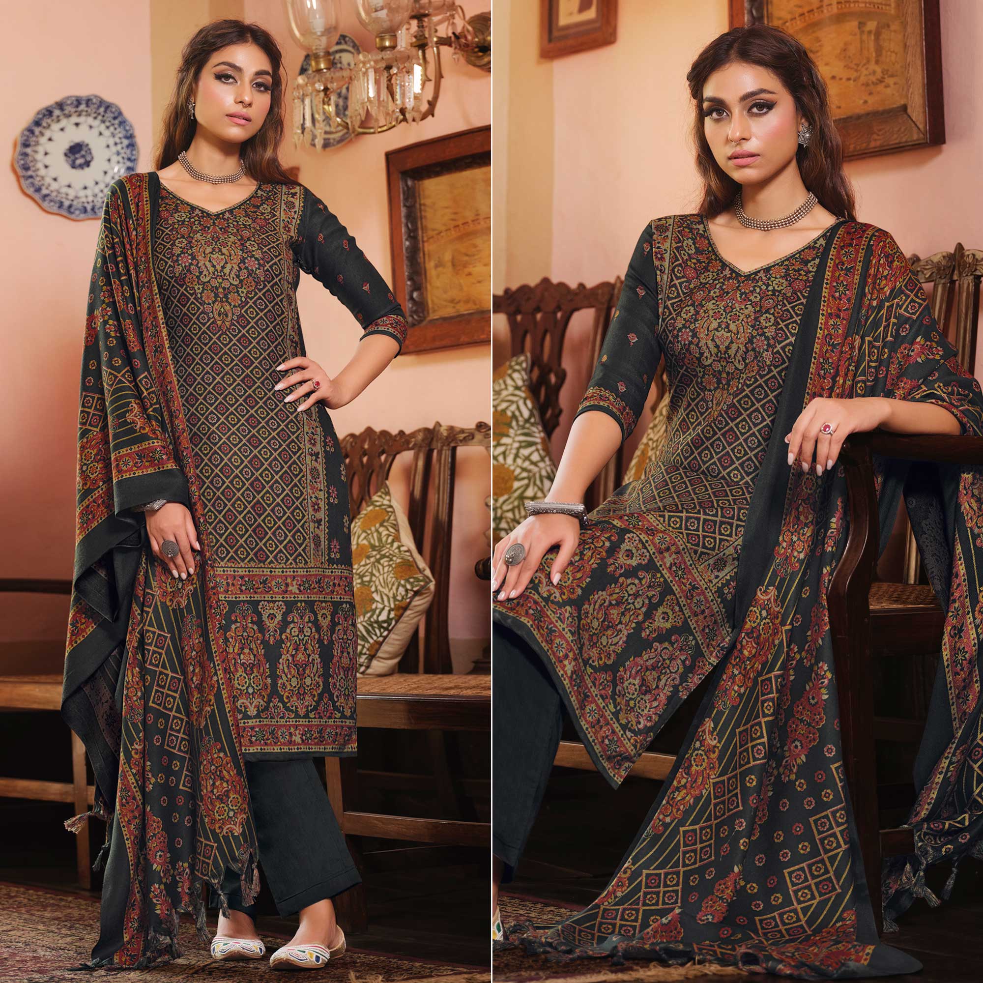 Black Digital Printed Pashmina Woolen Suit