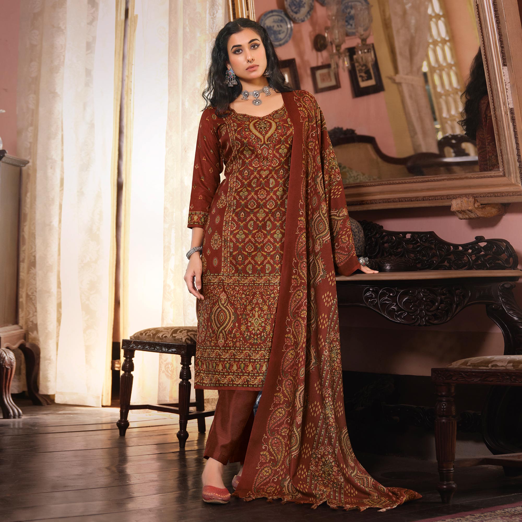 Rust Digital Printed Pashmina Woolen Suit