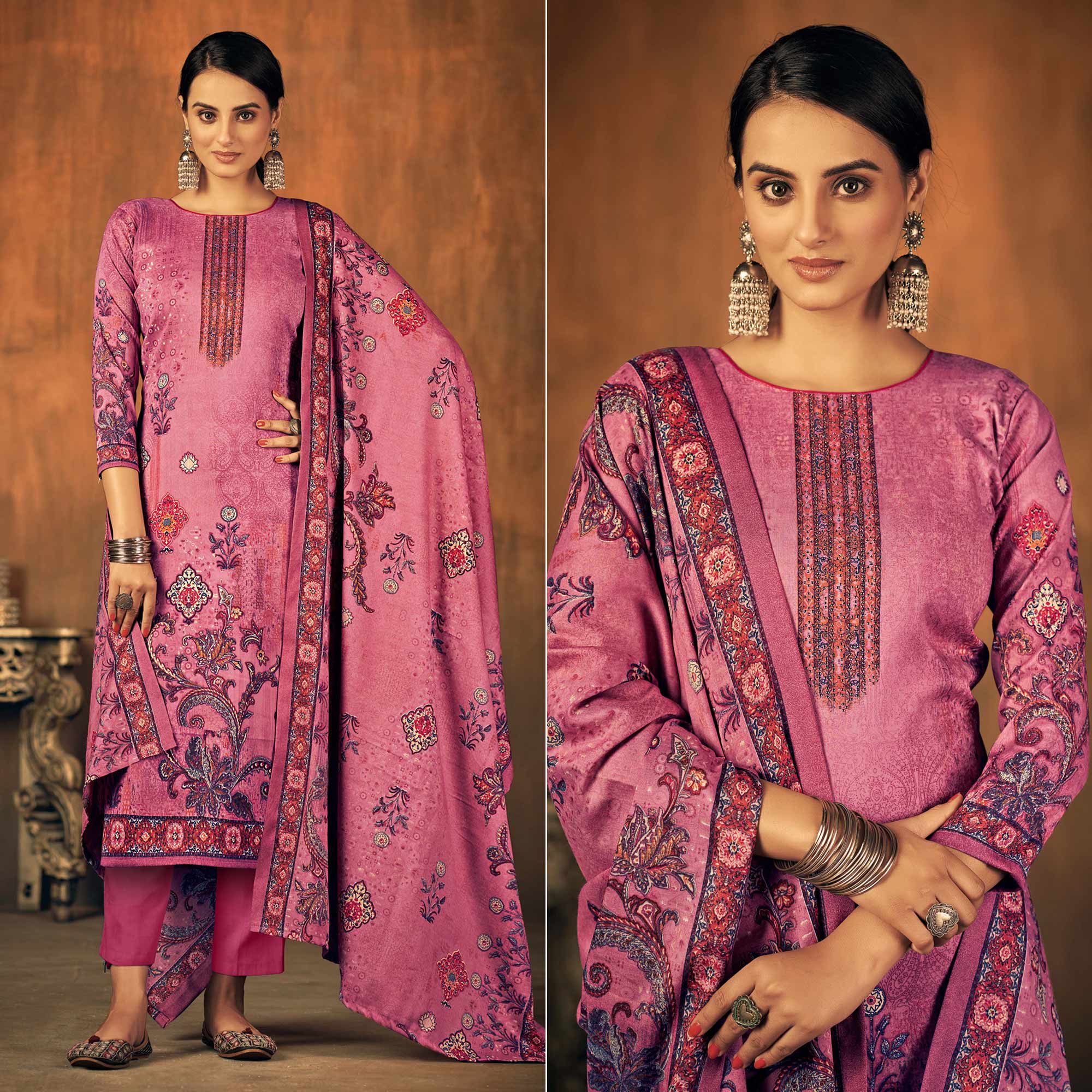Pink Printed With Swarovski Work Pashmina Salwar Suit