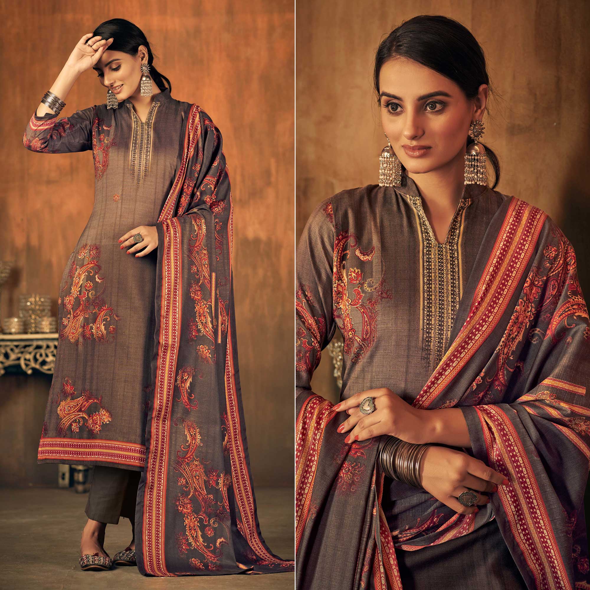Brown Printed With Swarovski Work Pashmina Salwar Suit