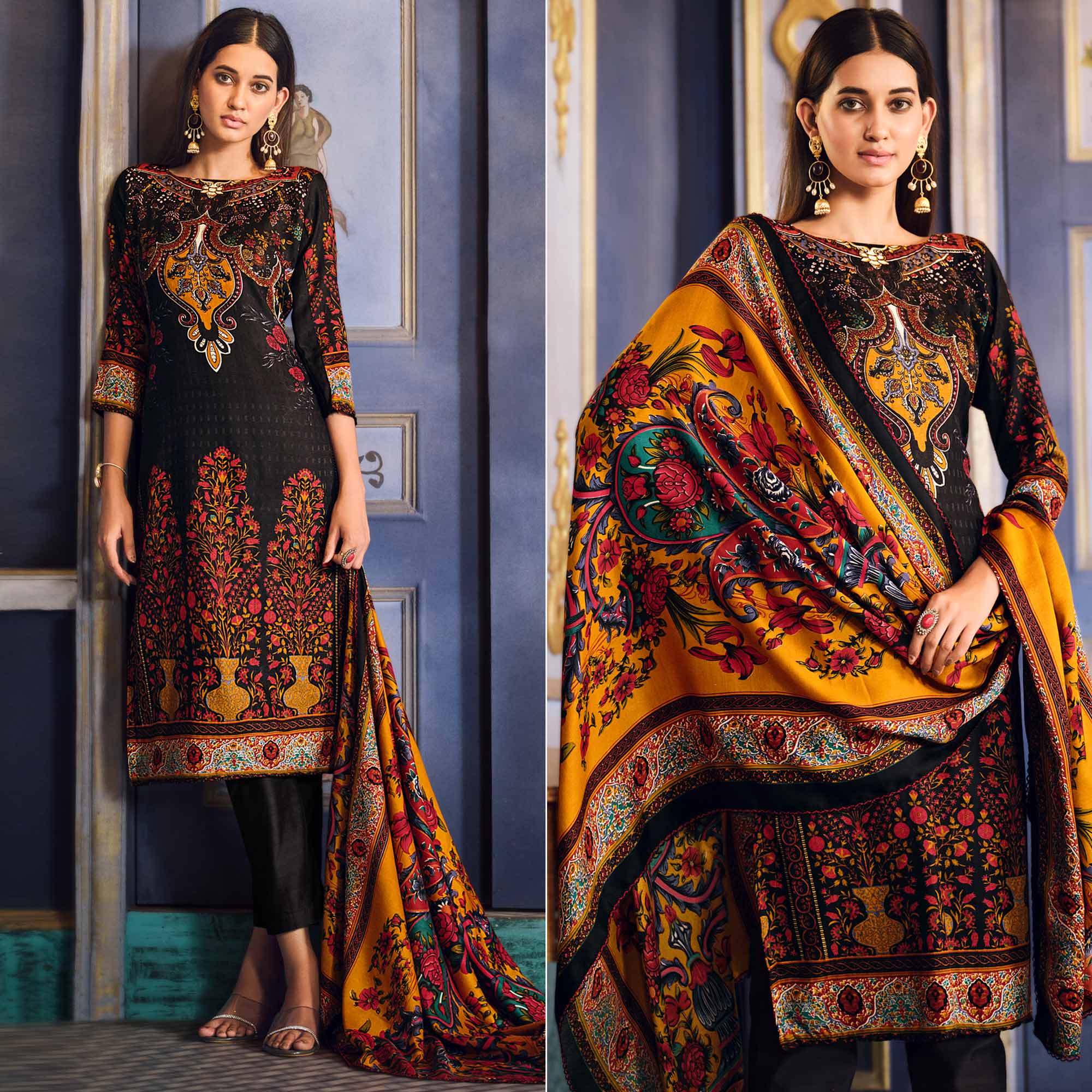 Black Digital Printed Pashmina Woolen Suit