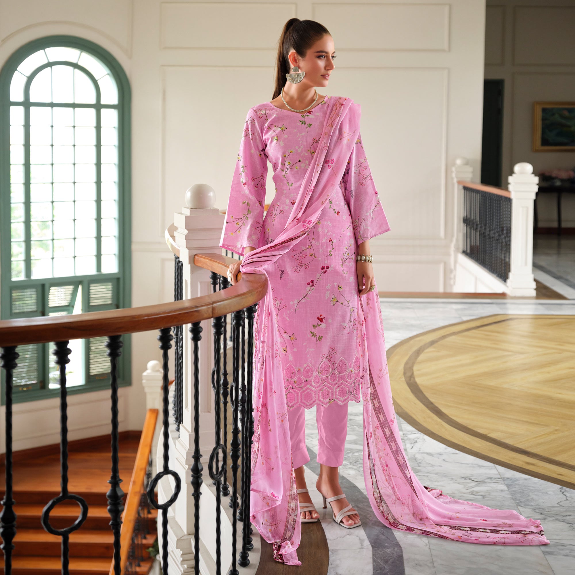 Baby Pink Floral Digital Printed Pure Cotton Salwar Suit