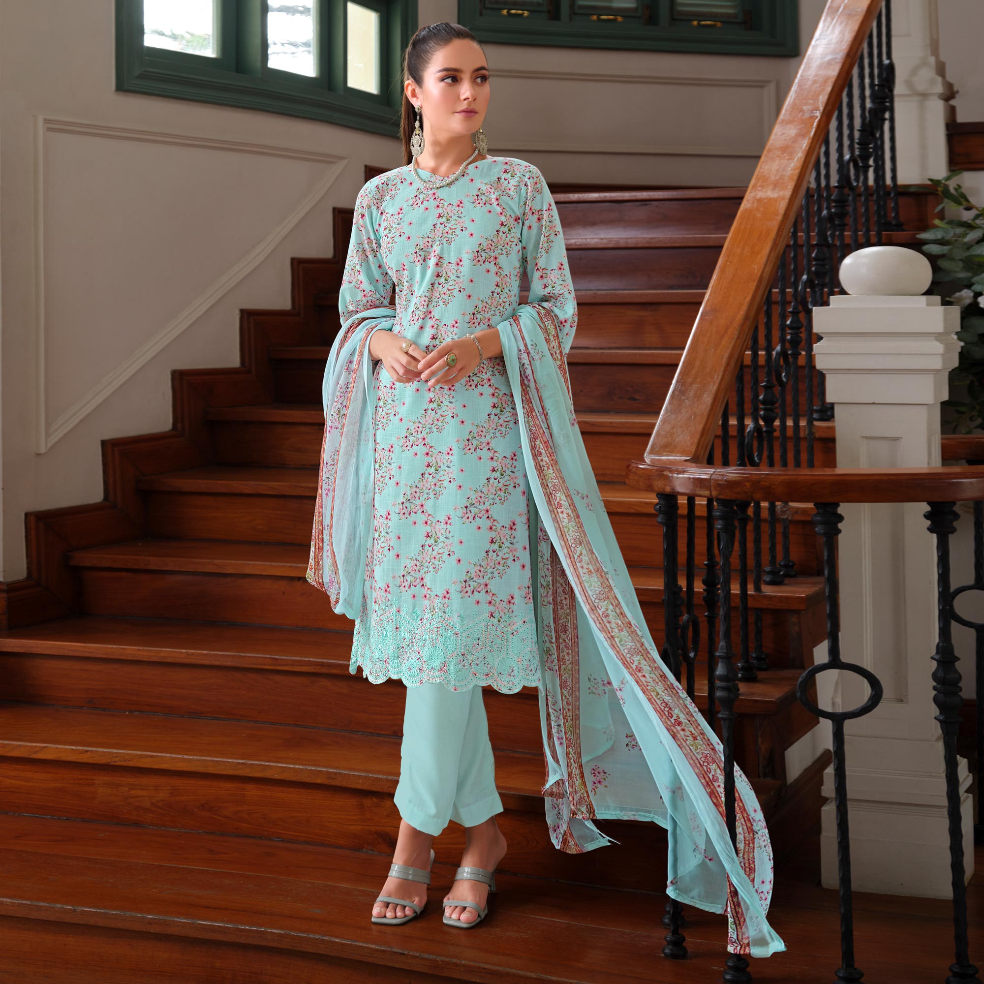 Turquoise Floral Digital Printed Pure Cotton Salwar Suit