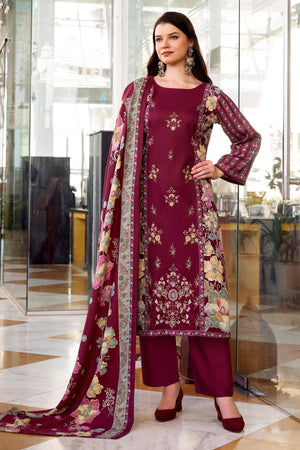 Maroon Floral Printed Pure Wool Pashmina Suit Material Ideal for Winter Fashion