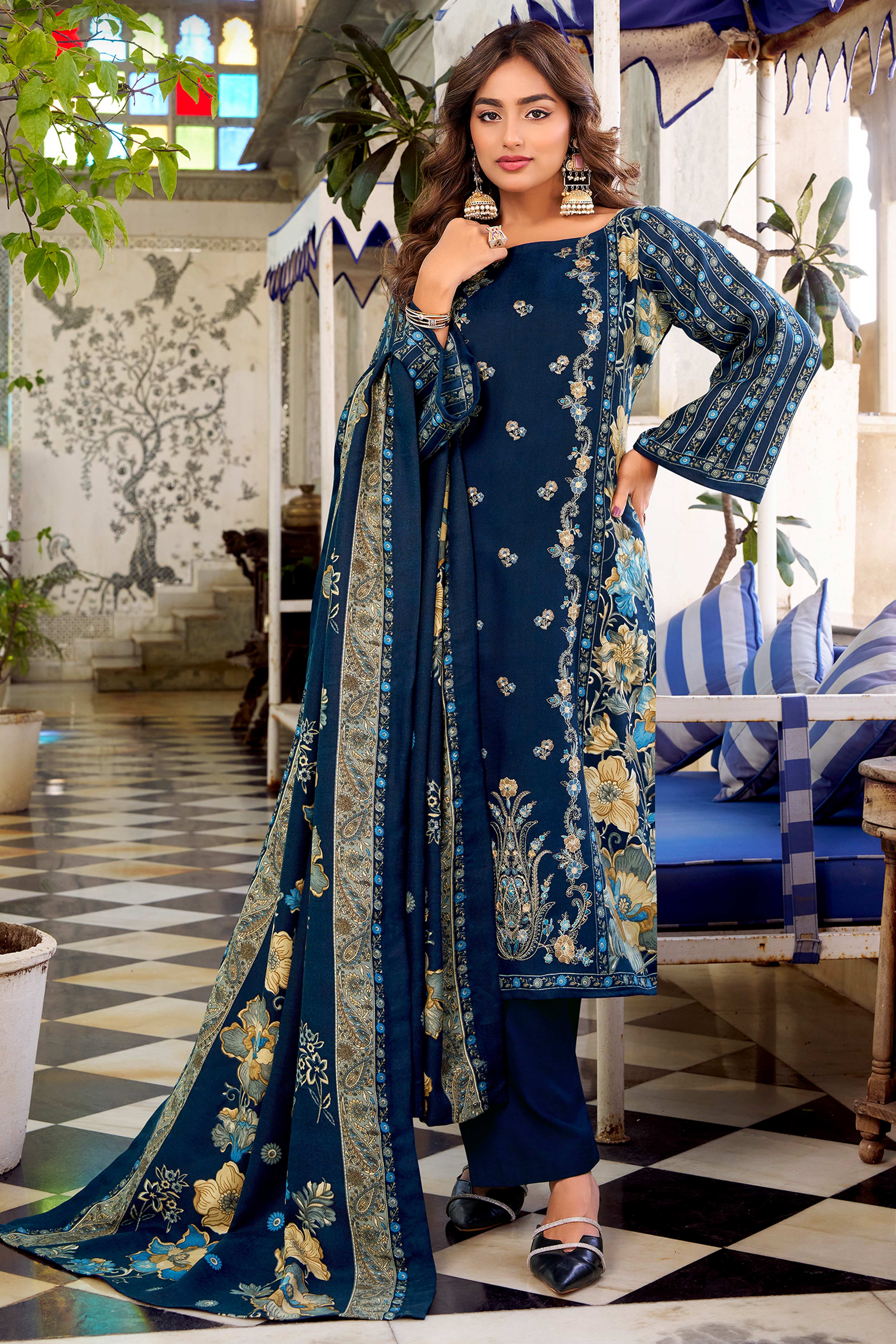 Navy Blue Floral Printed Pure Wool Pashmina Suit Material Ideal for Winter Fashion