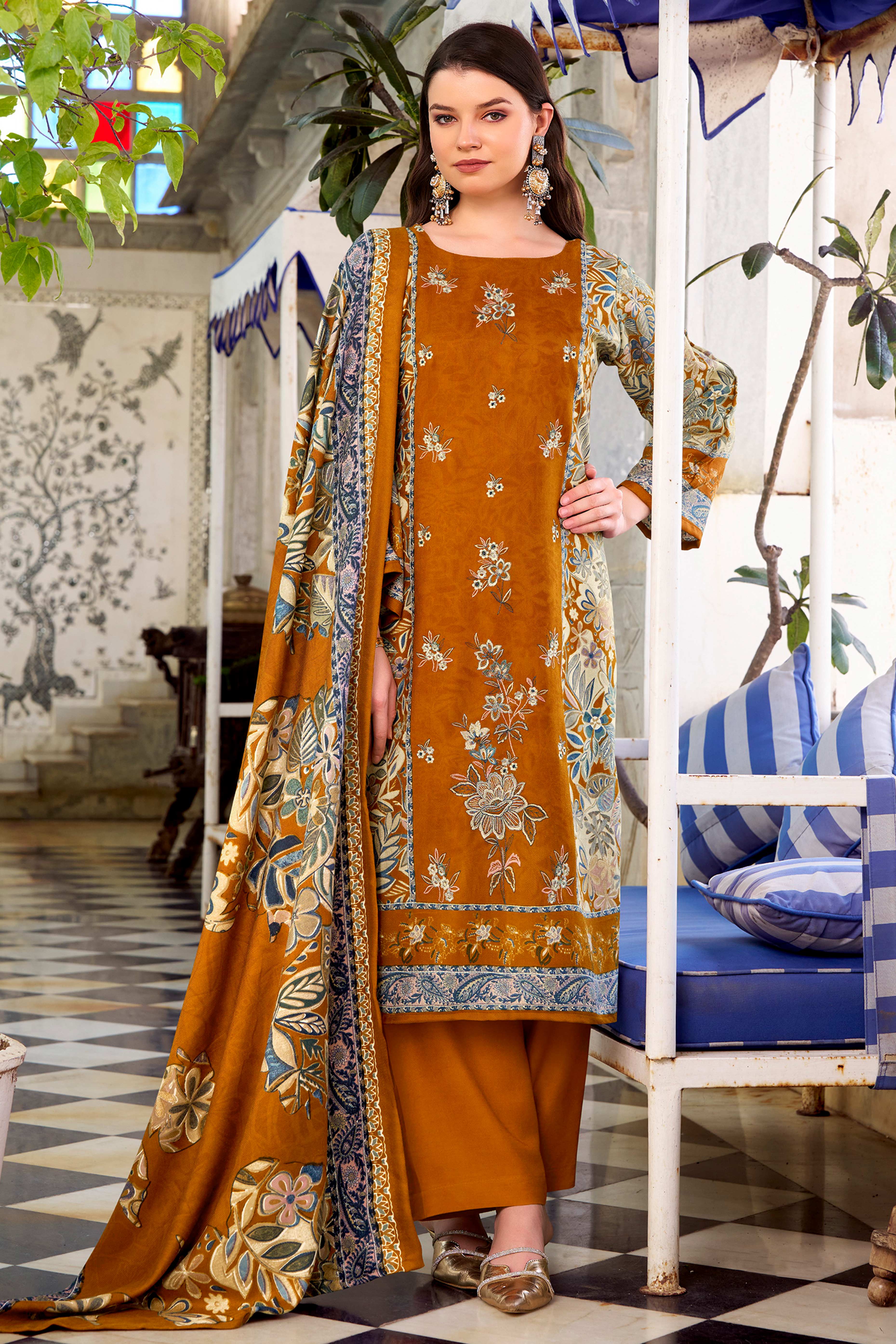 Mustard Floral Printed Pure Wool Pashmina Suit Material Ideal for Winter Fashion
