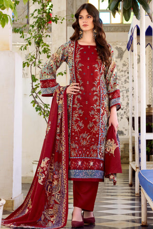 Red Floral Printed Pure Wool Pashmina Suit Material Ideal for Winter Fashion
