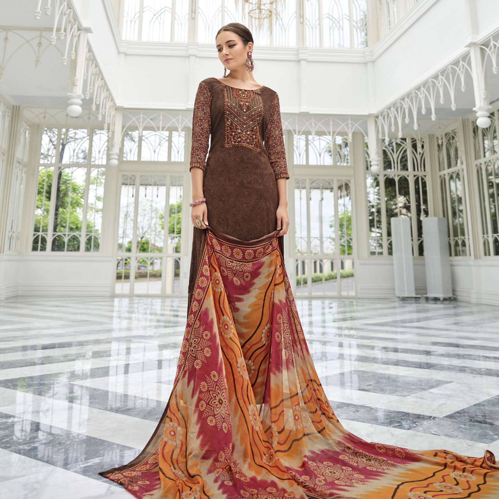 Brown Printed With Embroidered Rayon Suit