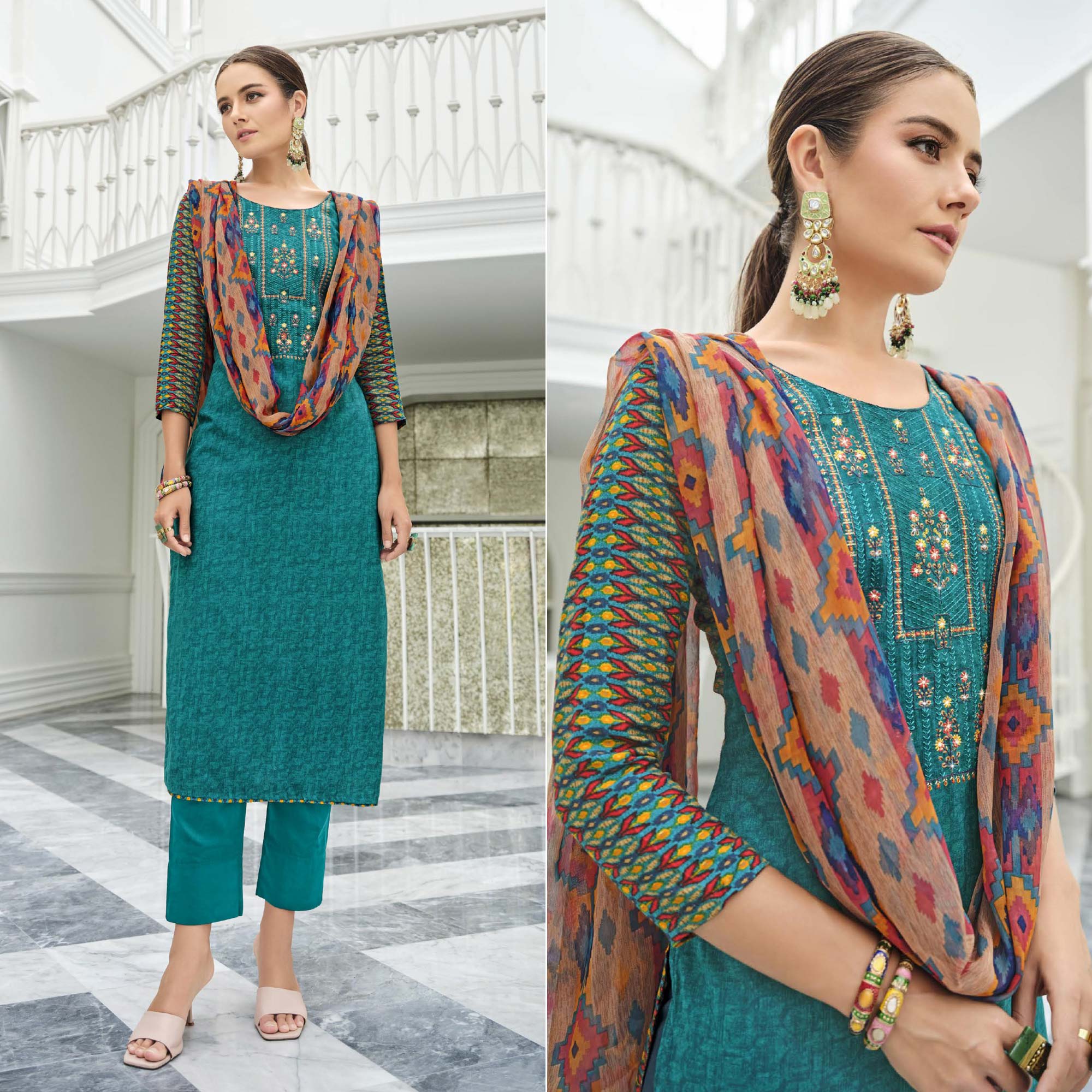 Teal Green Printed With Embroidered Rayon Suit