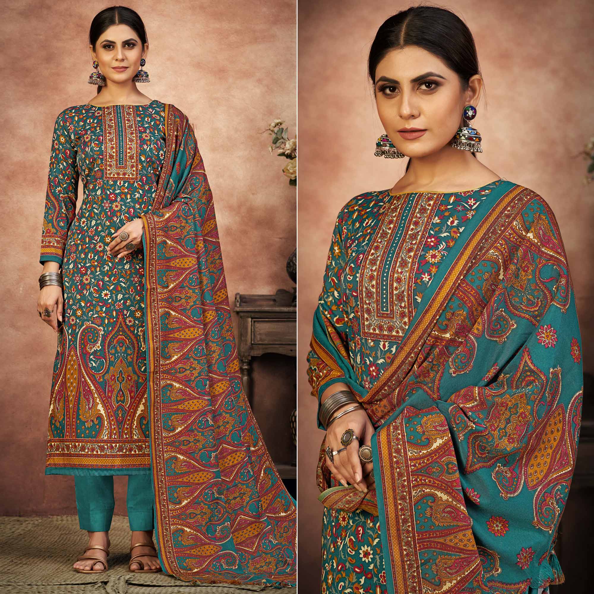 Rama Blue Floral Printed With Swarovski Work Pashmina Suit