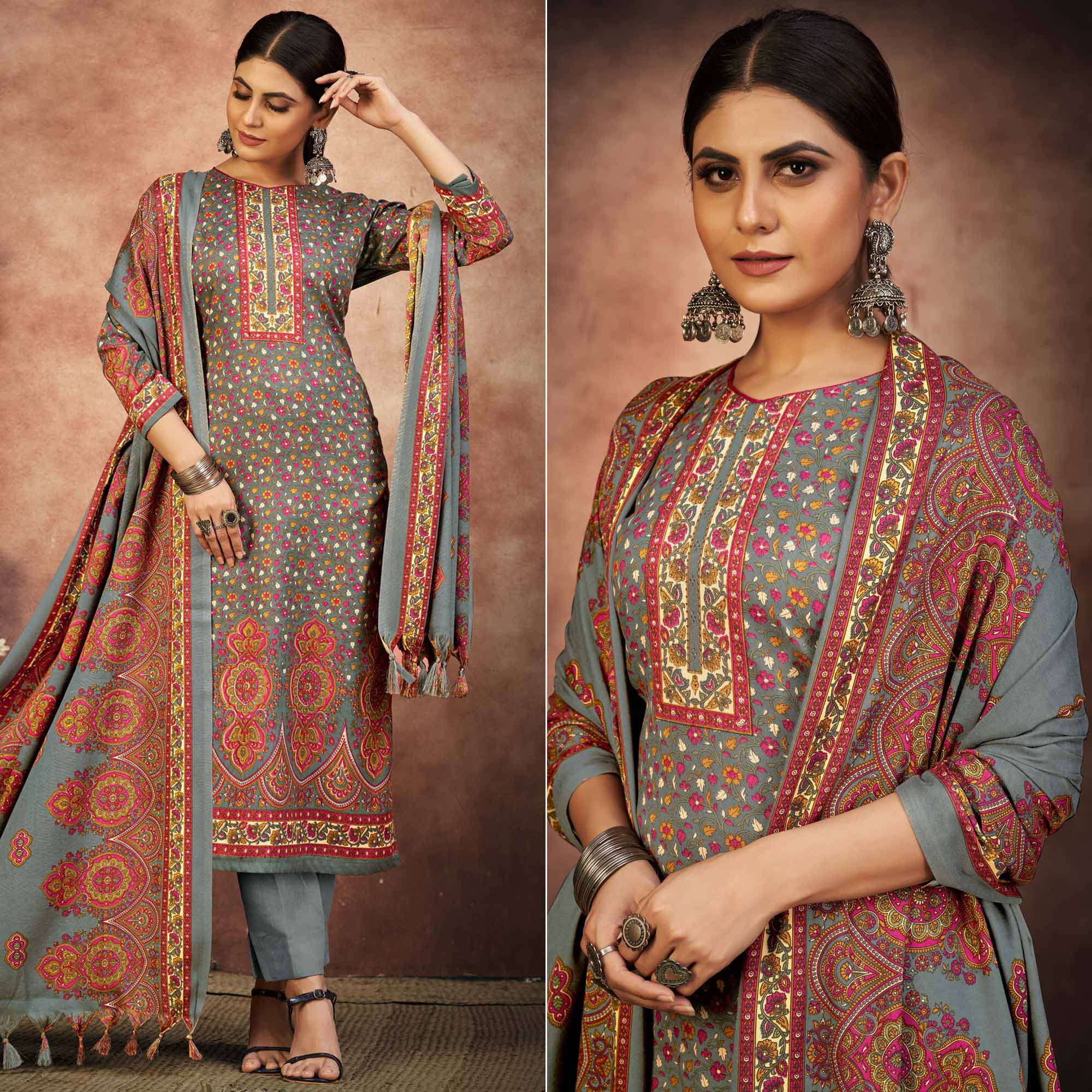 Grey Floral Printed With Swarovski Work Pashmina Suit
