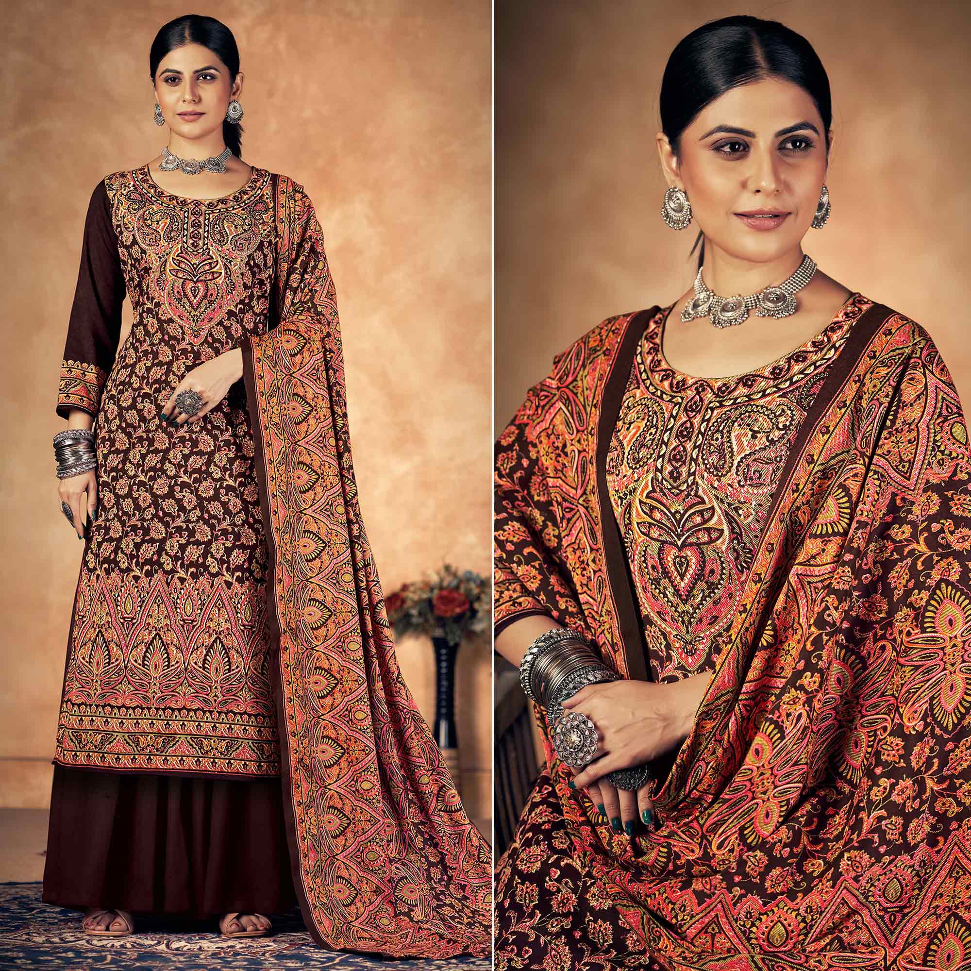 Brown Floral Printed Pashmina Woolen Suit