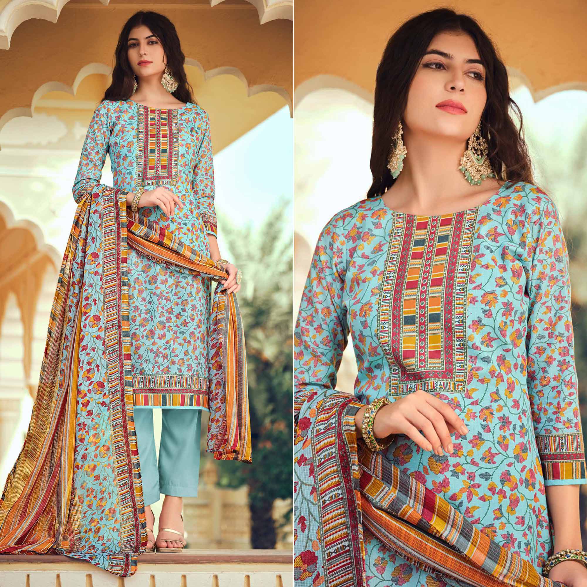 Women's Blue Cotton Flared Floral Printed Salwar Suit Set