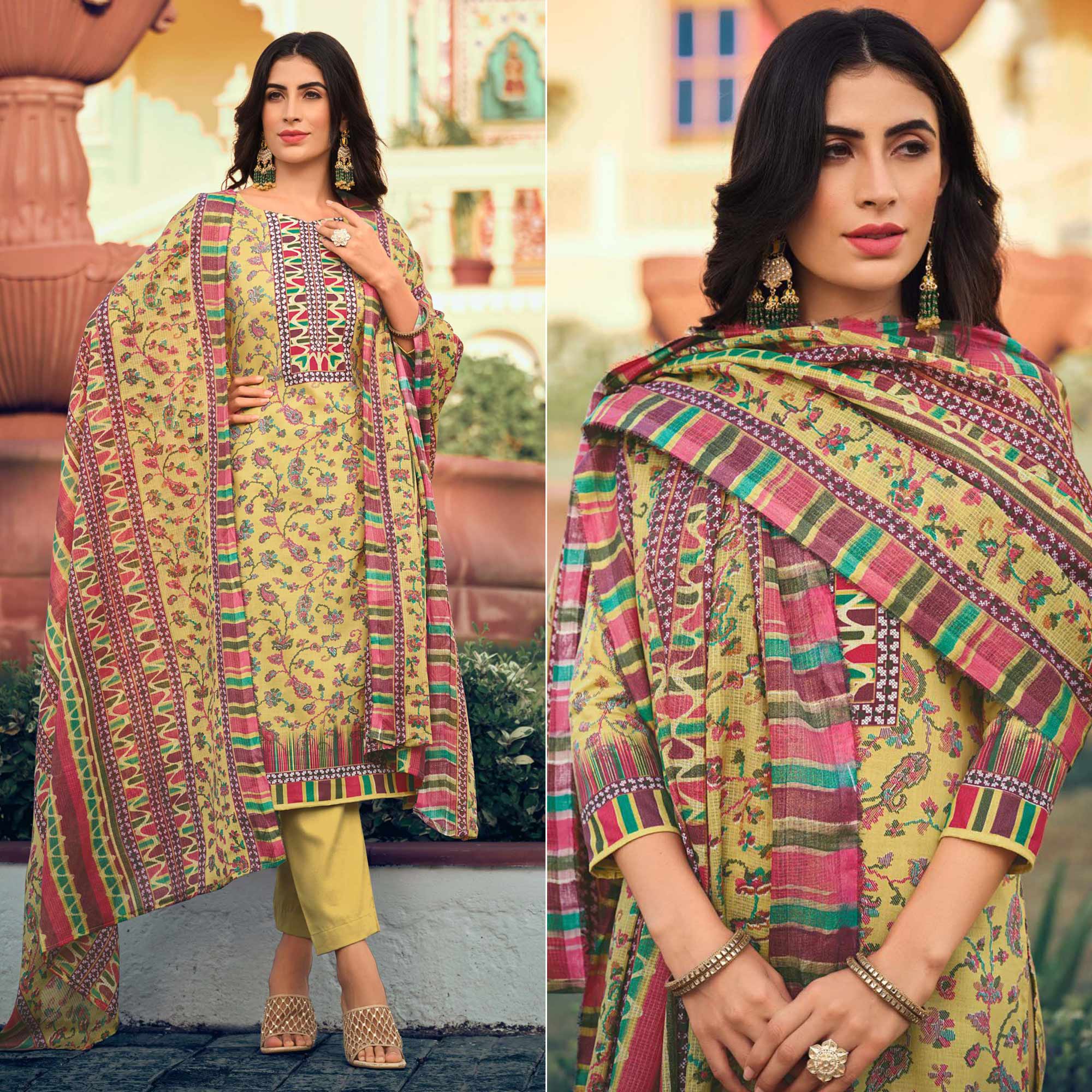 Yellow Leaf Cotton Plus Size Suit Set