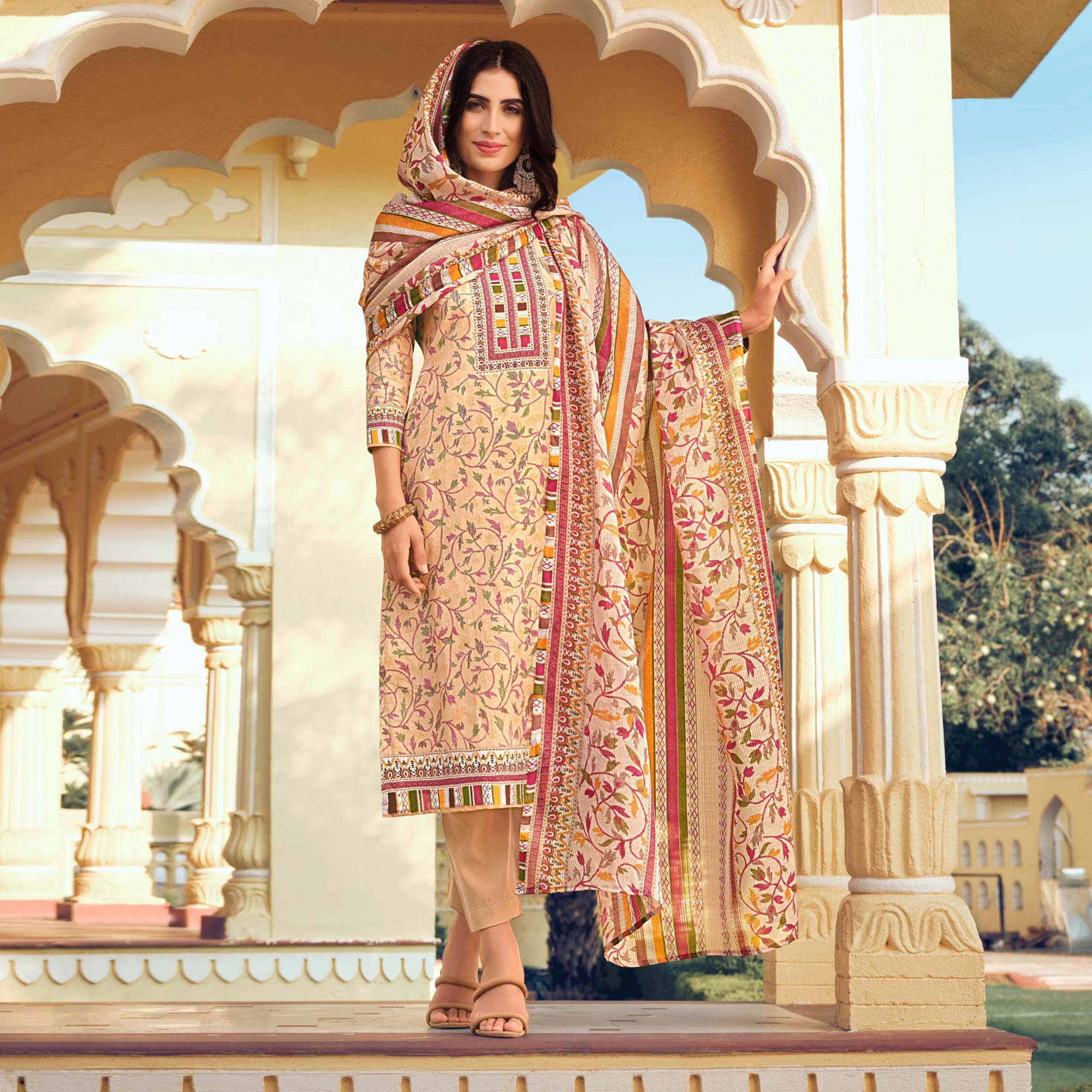 Beige Floral Printed Pure Cotton Suit