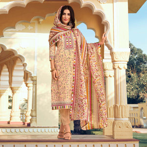 Beige Floral Printed Pure Cotton Suit