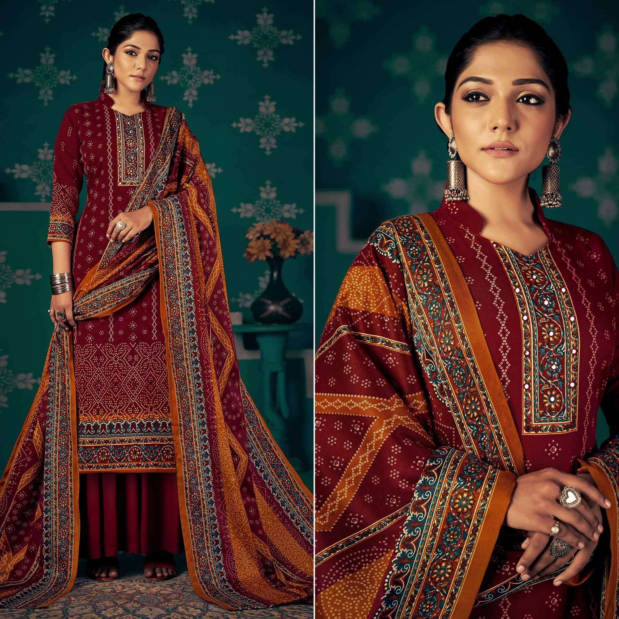 Maroon Bandhani Printed Pashmina Salwar Suit