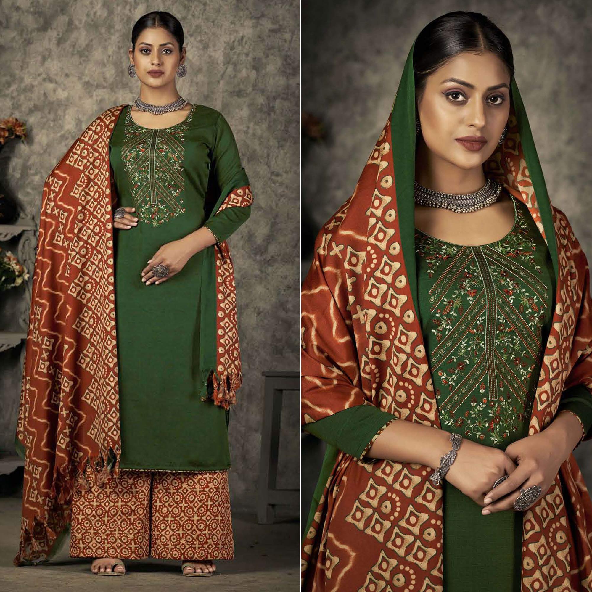 Green Floral Embroidered With Printed Pashmina Salwar Suit