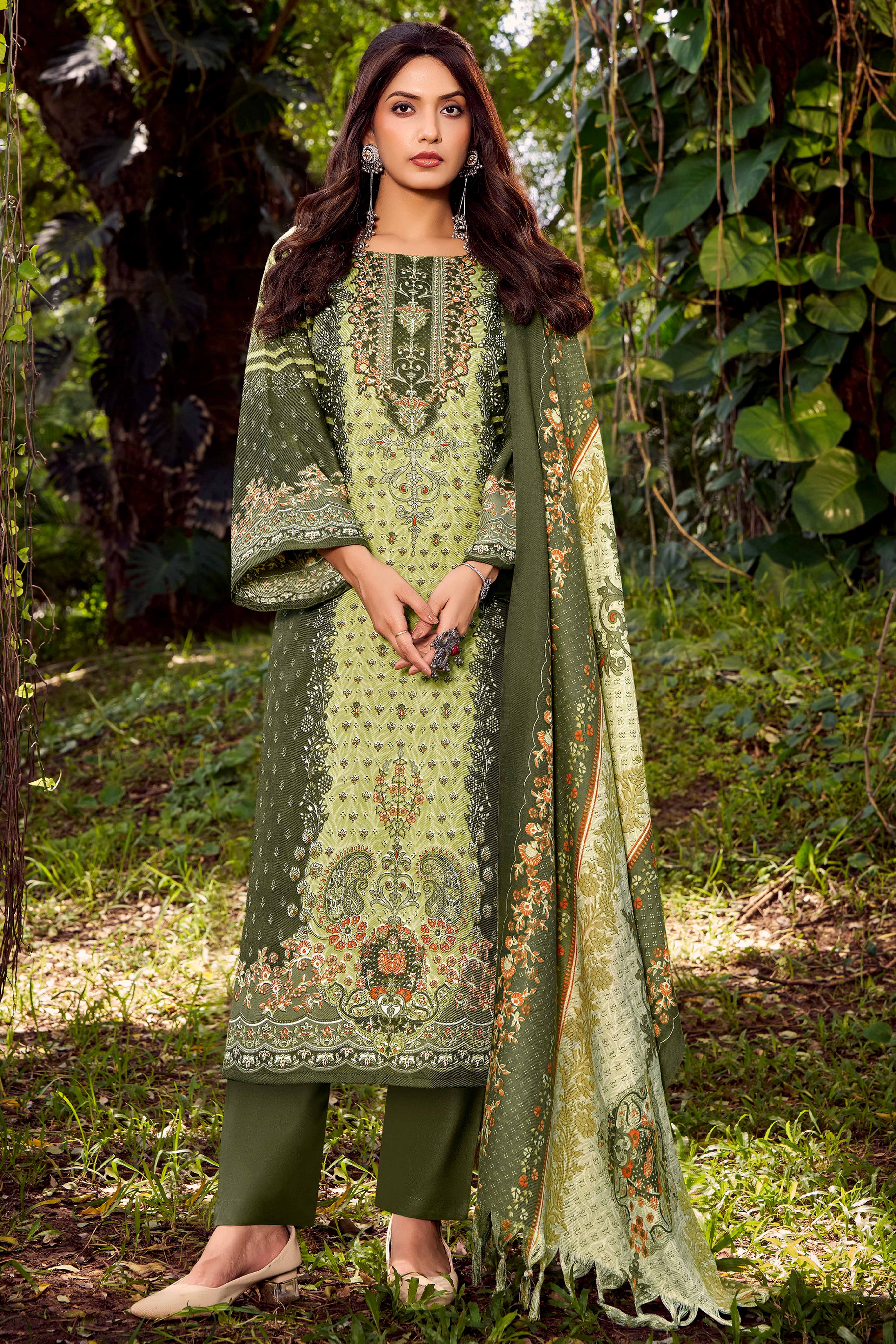 Elegant Olive Green Floral Printed Pure Pashmina Dress Material for Winter Wear