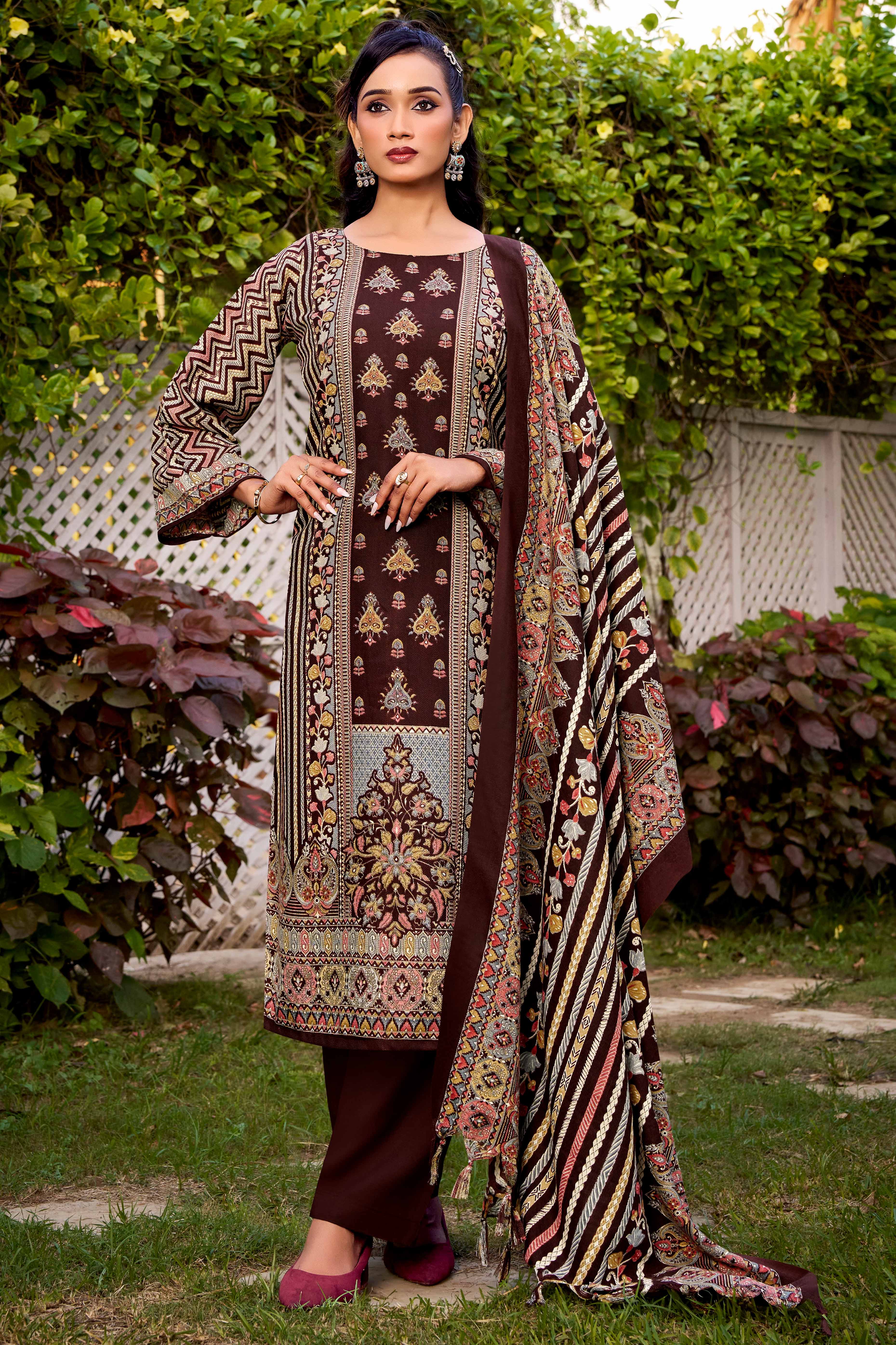 Elegant Coffee Brown Floral Printed Pure Pashmina Dress Material for Winter Wear