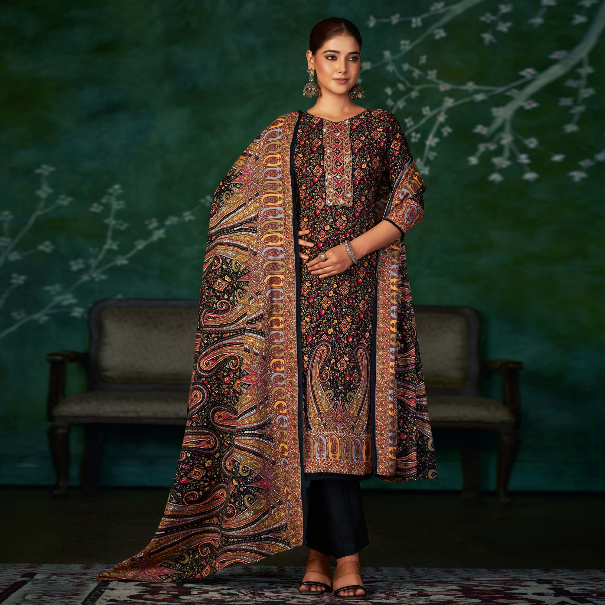 Black Floral Printed With Swarovski Work Pashmina Suit