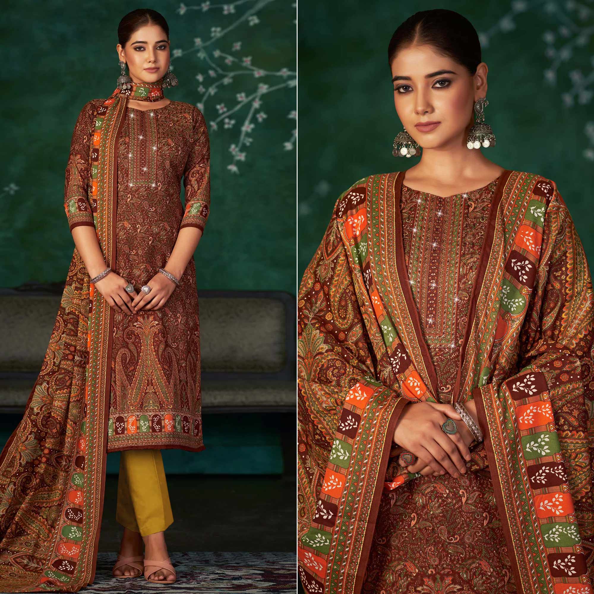 Brown Floral Printed With Swarovski Work Pashmina Suit