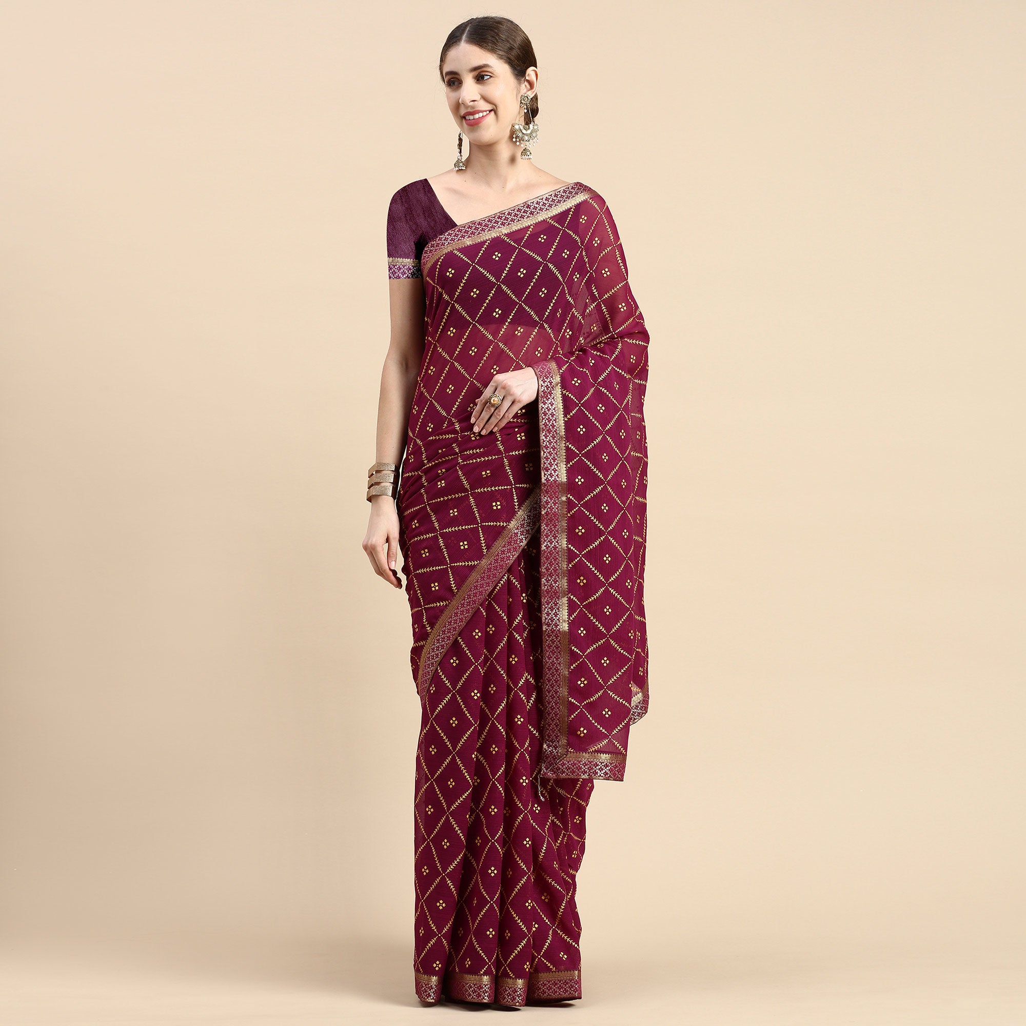 Purple Floral Foil Printed Zomato Saree