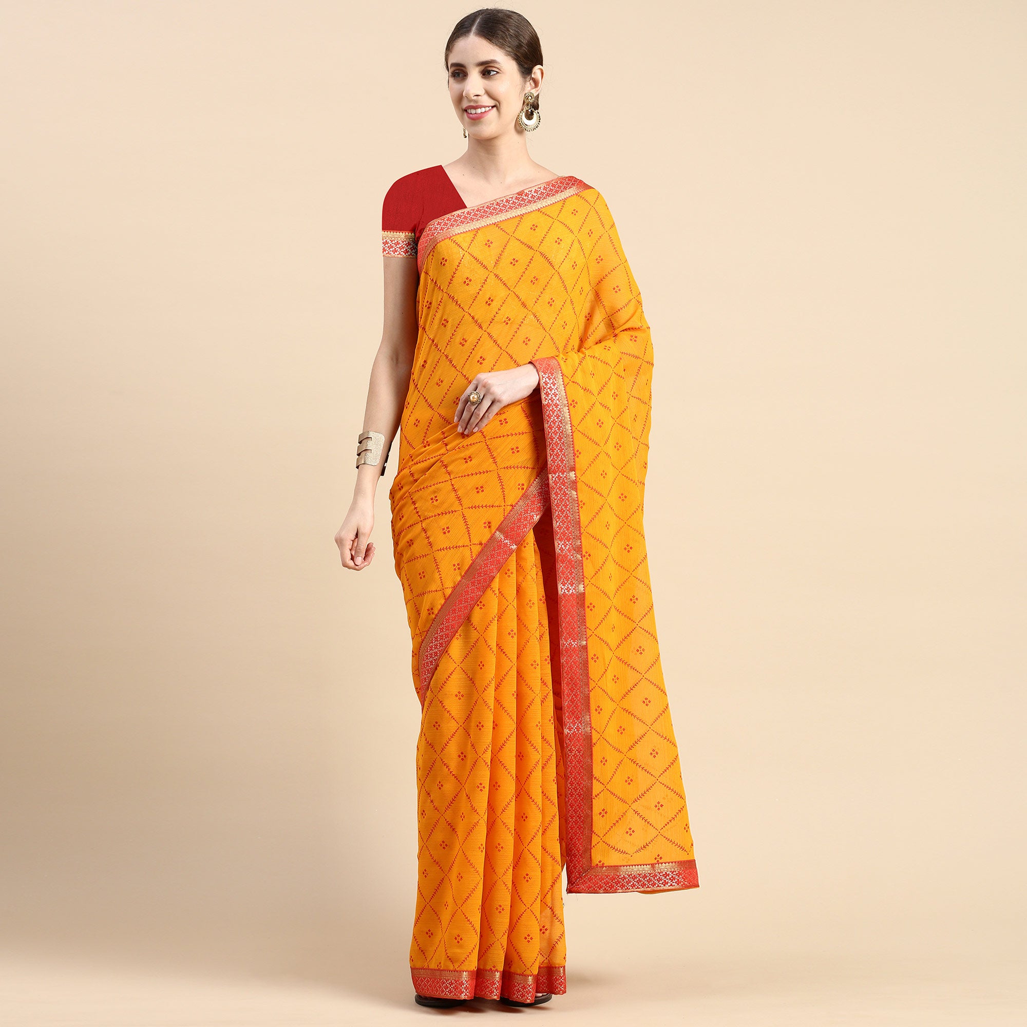 Yellow Floral Foil Printed Zomato Saree