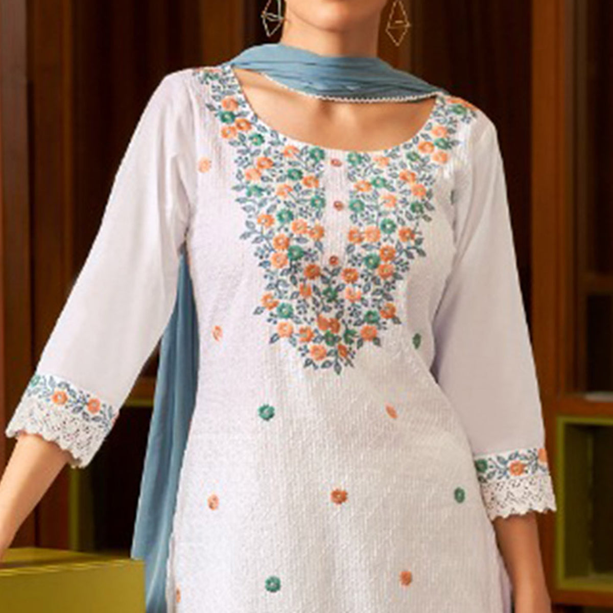 White & Blue Floral Embroidered Pure Cotton Salwar Suit