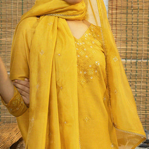 Yellow Floral Embroidered Chanderi Salwar Suit